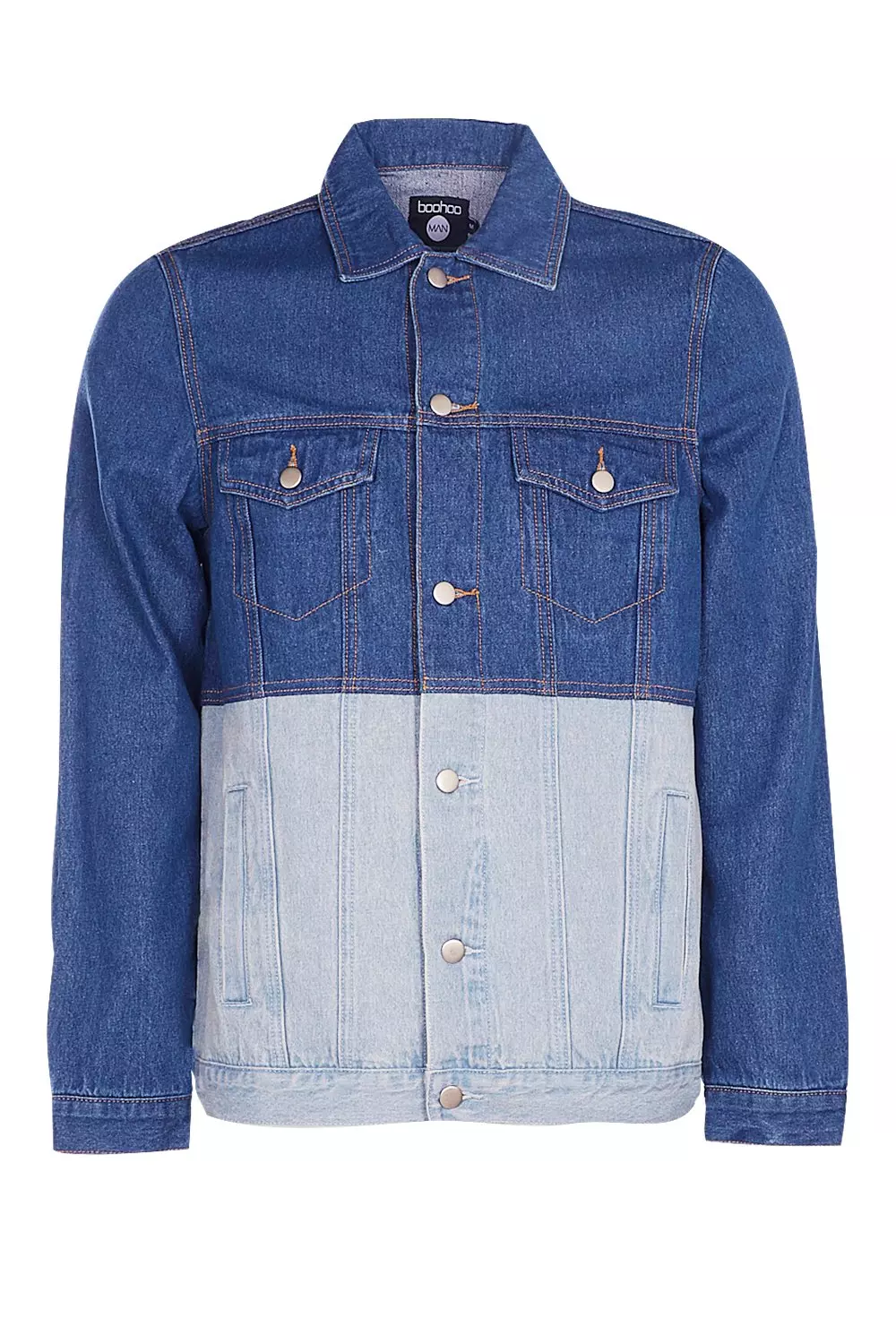 Mid Blue Half Half Denim Jacket boohooMAN UK